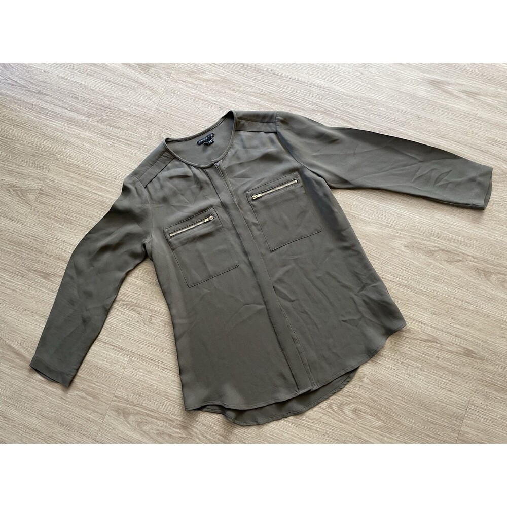 $295 Theory Women’s 3/4 Sleeves Button Down blouse 100% Silk Olive Green Sz P